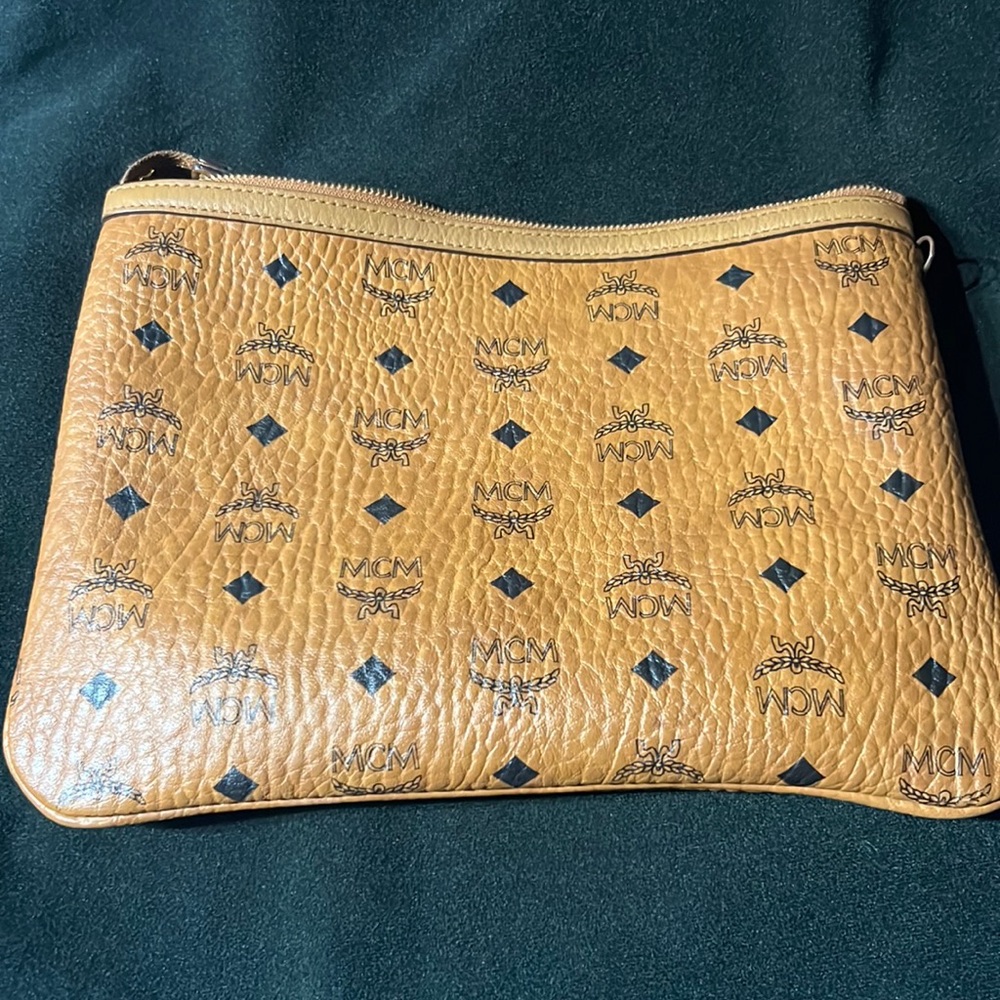MCM Visetos Standing Wristlet Shoulder Zip Tote Pouch Handbag